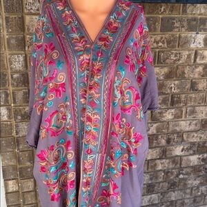 Umgee Embroidered Boho Tunic Dress Kimono Top Purple S/M